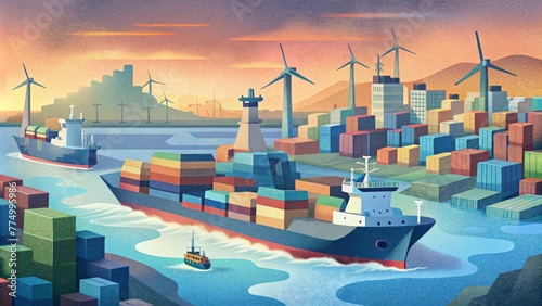 A busy shipping port filled with electric cargo ships reducing reliance on fossilfuelpowered vessels and minimizing the ecological impact of photo