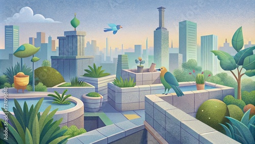 In a concrete jungle a rooftop garden provides a welcome oasis for both humans and animals alike with a variety of plant species and bird photo