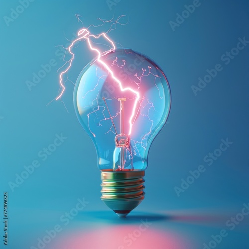 Blue thunderbolt hitting a lightbulb, unique minimalist 3D animation, angled view, illustrator