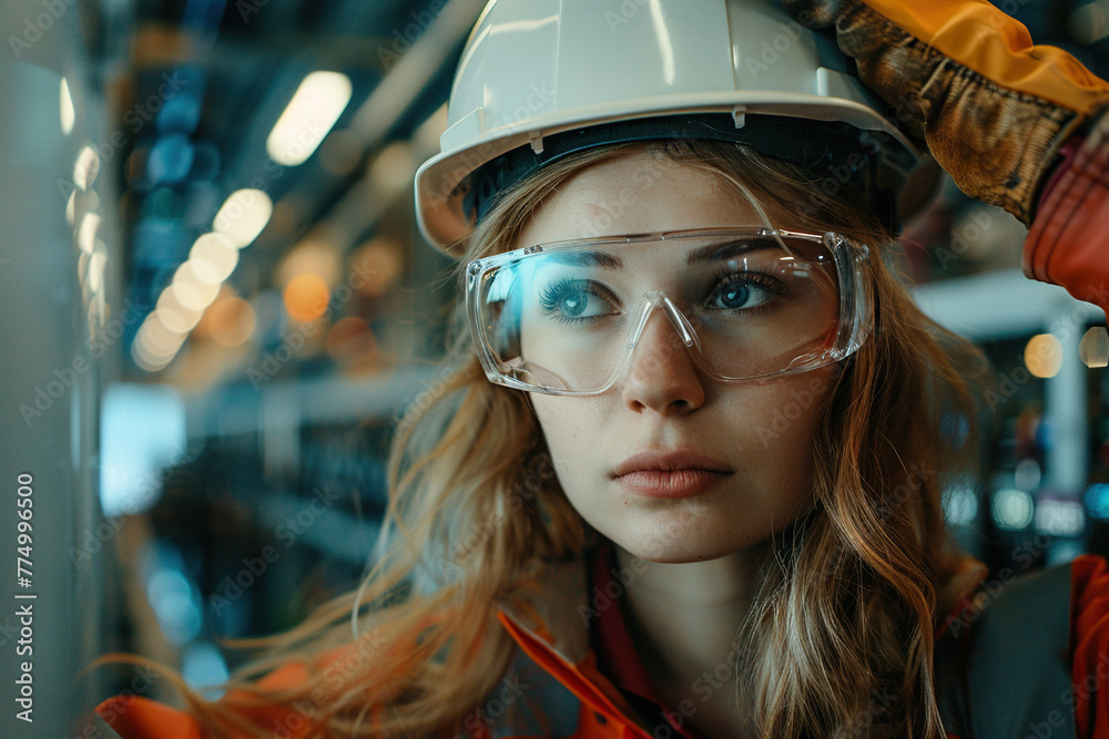 Portrait of Successful Caucasian Female Engineer Putting On a White Hard Hat at Electronics Manufacturing Factory. Heavy Industry Specialist Thinking About Advanced Technology Projects On Production. Portrait of Successful Caucasian Female Engineer Putting On a White Hard Hat at Electronics Manufacturing Factory. Heavy Industry Specialist Thinking About Advanced Technology Projects On Production.