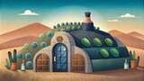 An earthship home made from recycled tires and bottles utilizing passive solar heating and rainwater collection.