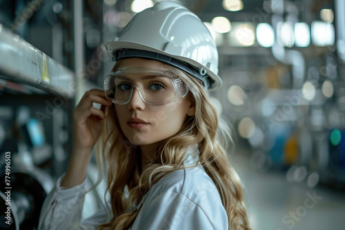 Portrait of Successful Caucasian Female Engineer Putting On a White Hard Hat at Electronics Manufacturing Factory. Heavy Industry Specialist Thinking About Advanced Technology Projects On Production.