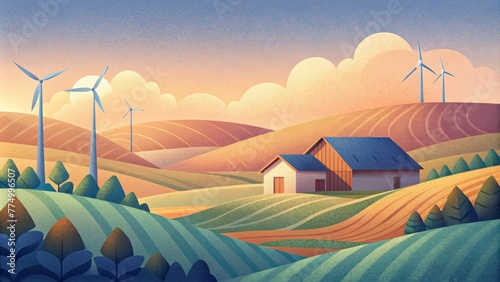 In a rural area a wind farm operates alongside a traditional farm showcasing the balance of preserving nature while also harnessing its power © DigitalSpace