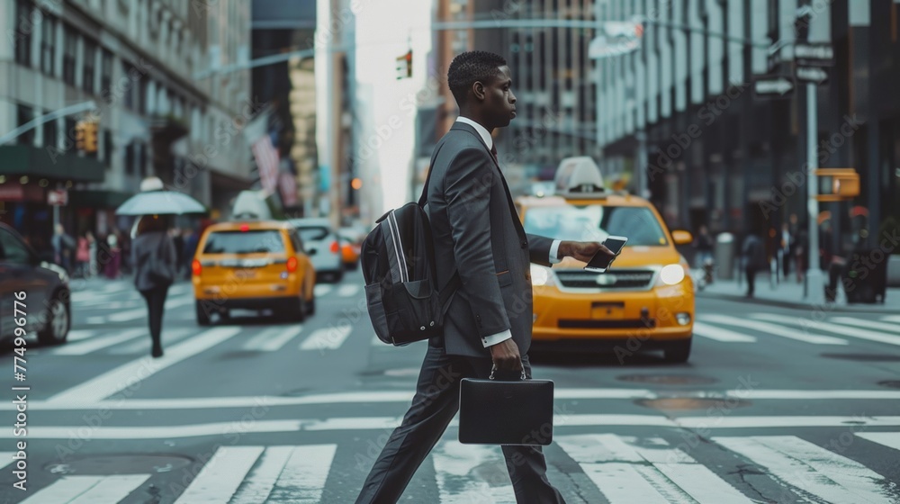Urban professionalism: Man confidently walks down the city street with a briefcase in hand