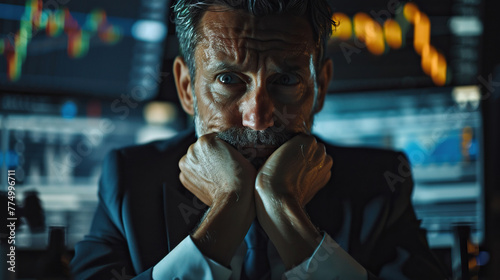 Sad and depressed businessman at office. Wear suit. at night. Looking at trading graph computer screen.