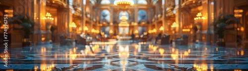 Grand Hotel Lobby with Soft Focus on Elegance and Guests photo