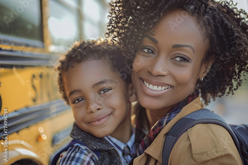 African American mother and son, school bus in the morning background photo