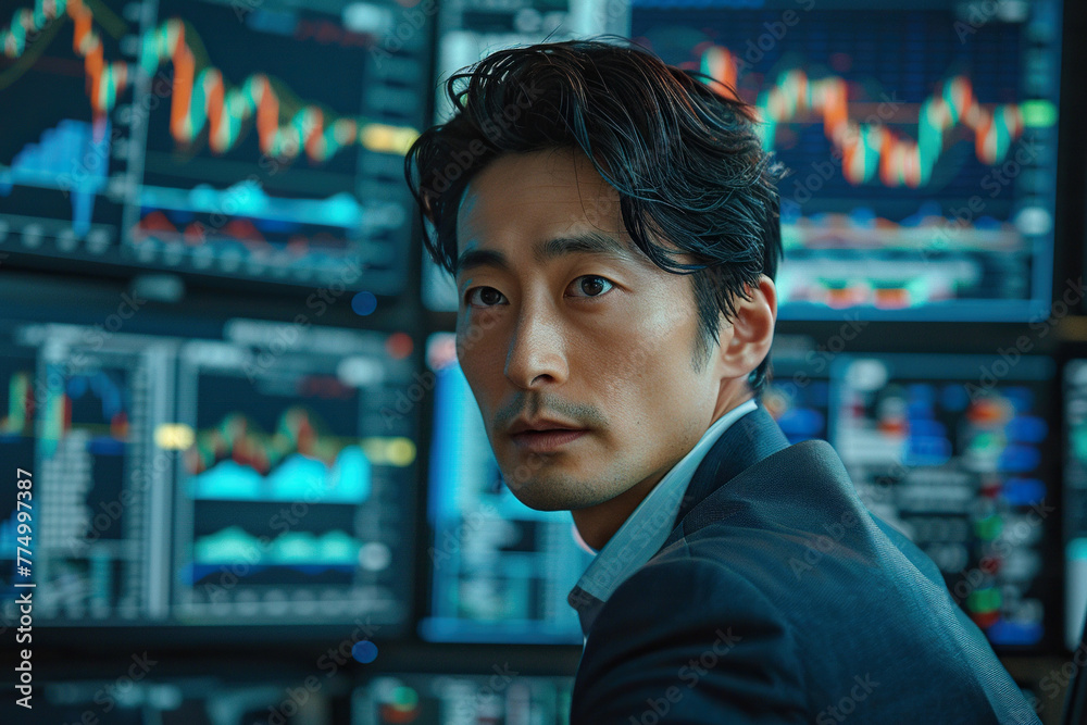 Talented Japanese Stock Exchange Investor Working on Desktop Computer, Day Trading Company Shares, Valuable Technology Investments, Communicating with Clients. Portrait of a male Specialist