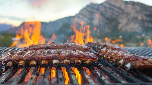 A detailed view of succulent pork ribs cooking over a fiery grill, with majestic mountains in the distance, highlighting a perfect outdoor BBQ scene
