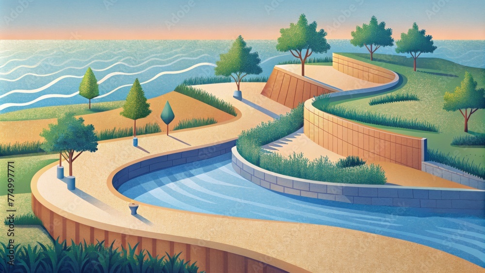 Fototapeta premium A redesigned waterfront park with natural barriers such as dunes and marshland to protect against coastal flooding and erosion.