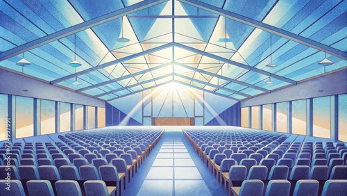 A conference center with large skylights bringing in natural light for a more energizing and productive atmosphere. photo