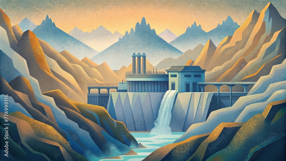 Nestled within the rugged terrain of the mountains the integration of hydroelectric power stations provides an innovative approach to - obrazy, fototapety, plakaty 