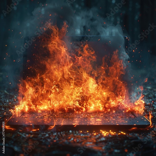 a laptop engulfed in flames, symbolizing destruction or malfunction due to overheating or a catastrophic event.