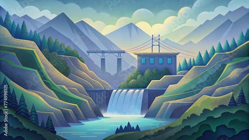 Amidst the tranquil beauty of the valley the steady hum of electricity generation can be heard from the silent and efficient hydroelectric power photo