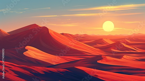 Golden Sunset Over the Tranquil Desert: A Majestic Vista of Serenity and Natural Beauty, Where the Warm Glow Illuminates the Vast Expanse of Sand Dunes Under the Distant Horizon.