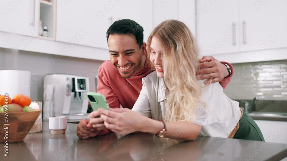 Phone, online and couple relax in home with food delivery website or scroll social media in kitchen. Happy, people and search internet for ecommerce restaurant or click app for shopping on smartphone Phone, online and couple relax in home with food delivery website or scroll social media in kitchen. Happy, people and search internet for ecommerce restaurant or click app for shopping on smartphone
