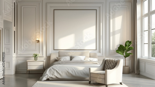 An elegant bedroom featuring classic architecture and modern furnishings for a simplistic charm.