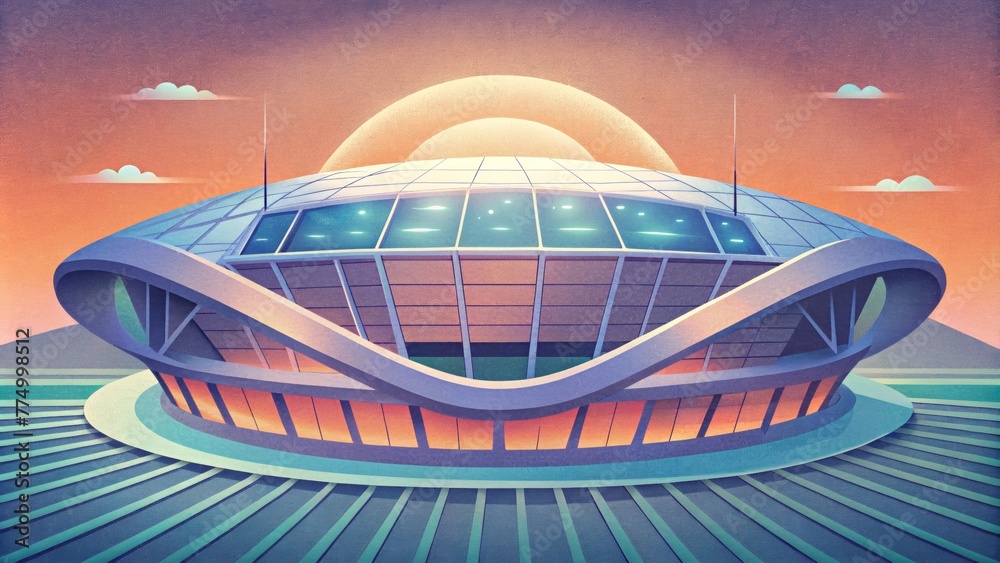 A futuristic sports stadium with a retractable solar panel roof providing shade for fans while generating clean energy for the entire facility.