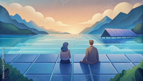 A couple sits on a dock admiring the serene lake and the solar panels floating on its surface symbolizing the harmony between nature and photo