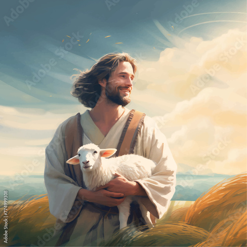 Illustration of Jesus Christ as the good shepherd illustration vector, oil painting of Jesus as the good shepherd