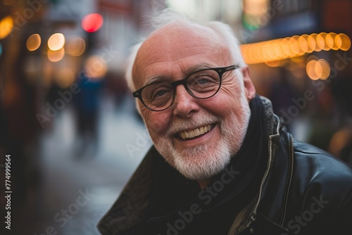 Portrait of senior man with eyeglasses in the city.