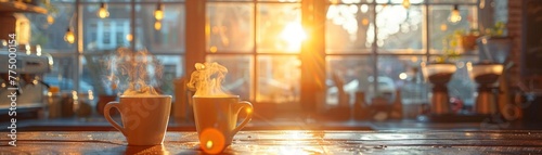 Cozy Coffee House Corner with Blurred Patrons and Steamy Mugs photo