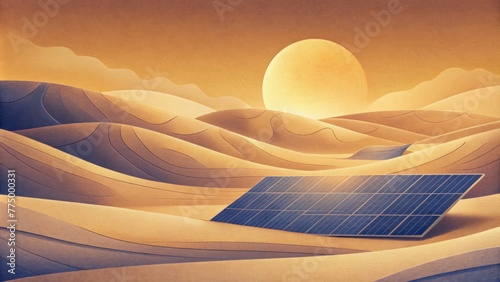 A serene desert landscape with solar panels arranged in intricate patterns almost blending in with the sand dunes.