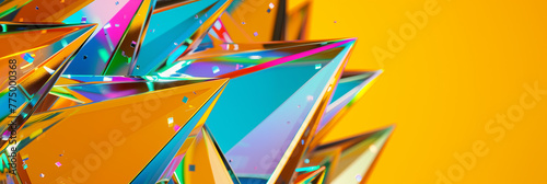 Collection of glossy, iridescent triangular prisms is arranged against a vivid yellow backdrop, reflecting a spectrum of colors with a predominant golden hue that creates a warm, illuminated effect.