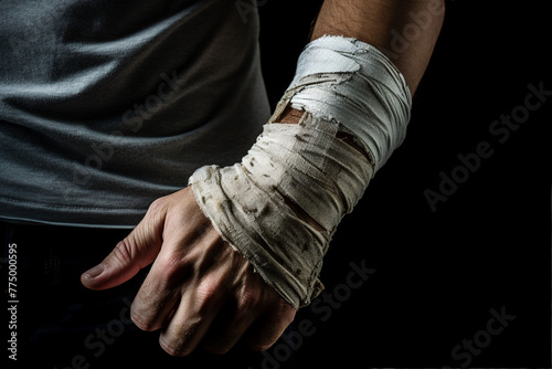 Generated AI image of post surgery bandaged male hand