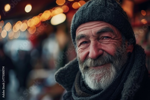 Portrait of an old man with grey beard and mustache on a Christmas market background