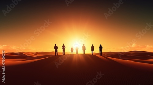 Friends stand on sand dune and admire sunrise silhouette concept