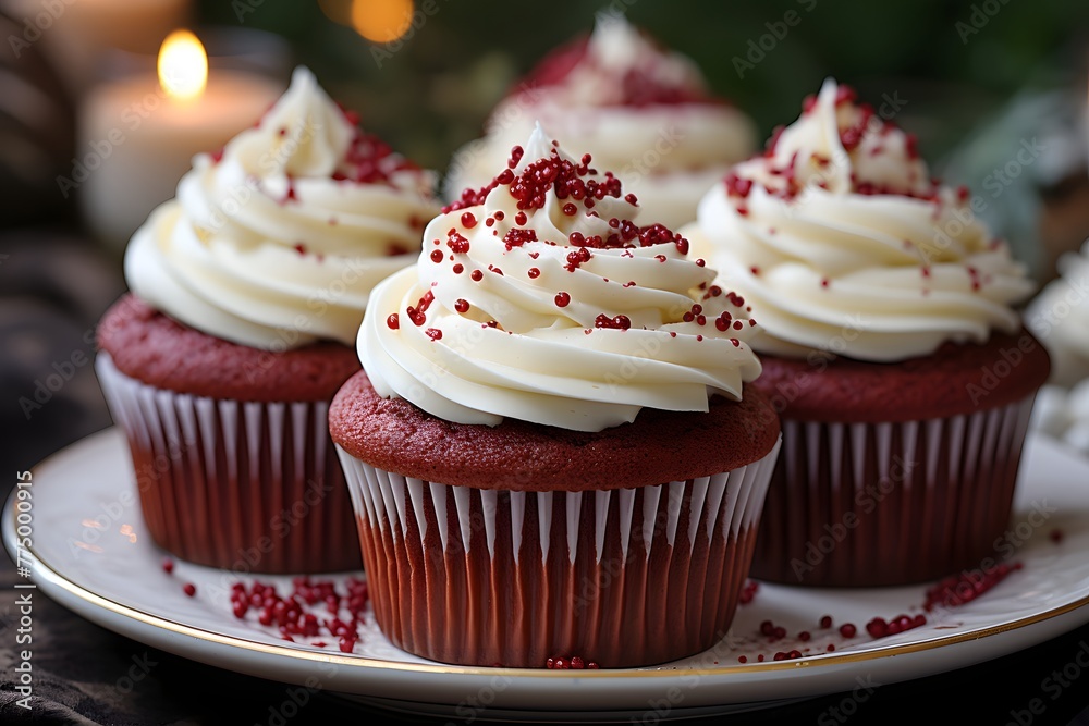 Red velvet cupcakes in bright colorful setting, velvety and moist with cream cheese frosting.