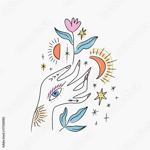 Boho mystical Reiki fine art hand drawn style logo or icon of magic hand. Floral celestial moon herbal set. Perfect for fashion, skin care, wellness, spa, yoga concept illustrations vector