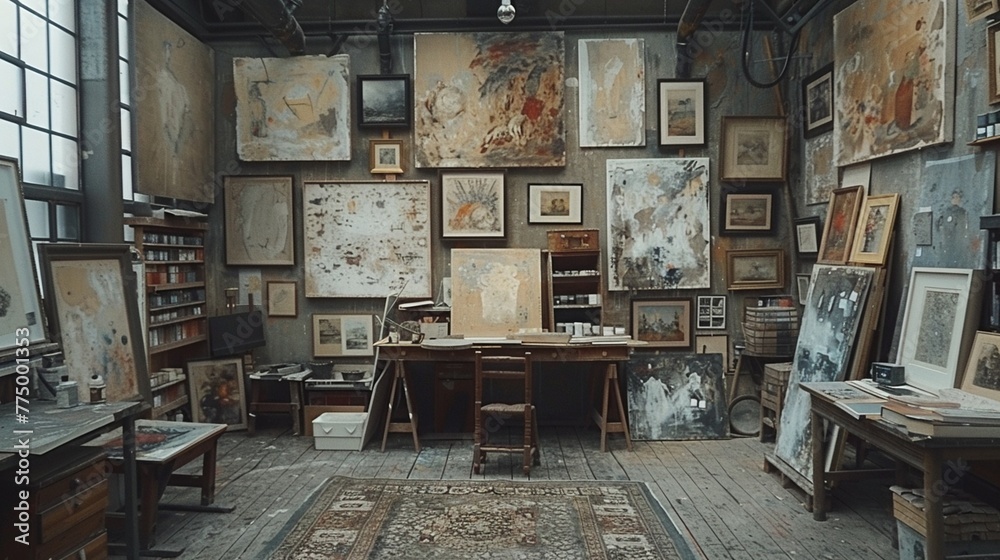 Fototapeta premium Secluded Artists Studio with Canvases and Paints