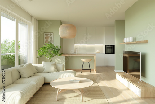 Living room in minimalist style. Interior design in scandinavian style with sofa  kitchen  bar  furniture and home decor