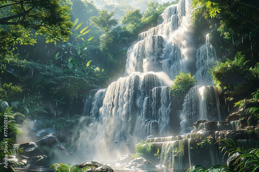 Majestic waterfall in the jungle, photorealistic water mist, vibrant greenery, sunlight ,super realistic,clean sharp focus Majestic waterfall in the jungle, photorealistic water mist, vibrant greenery, sunlight ,super realistic,clean sharp focus