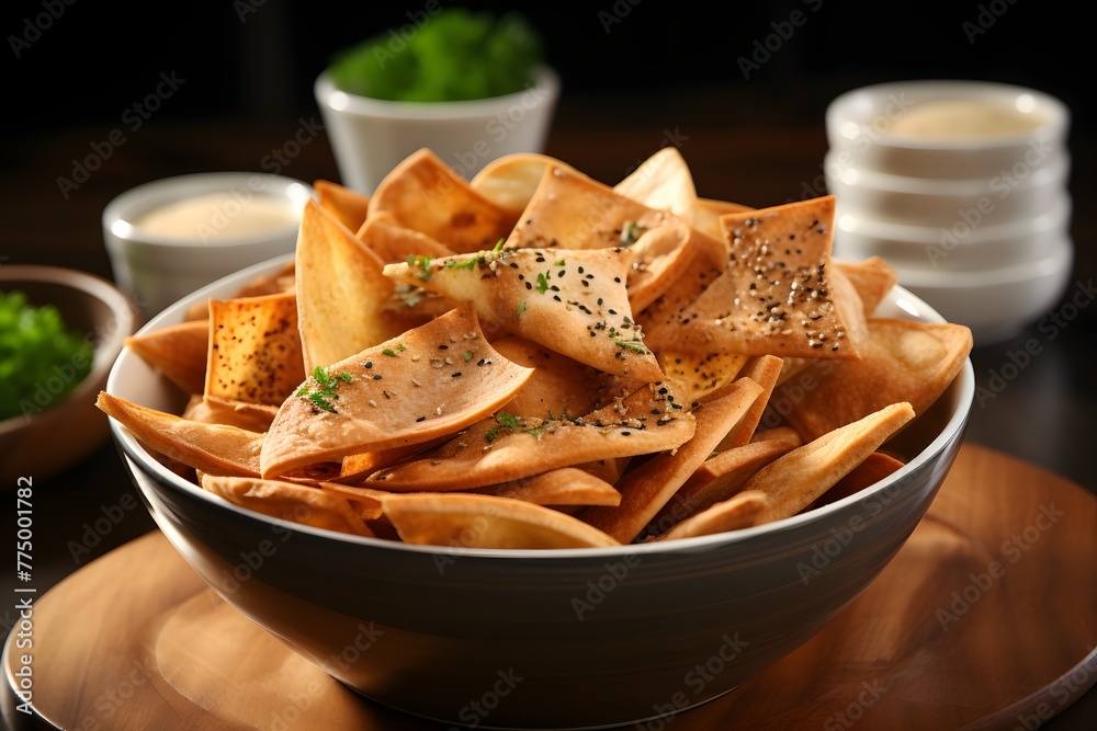 Delicious pita chips on wooden table, front view Delicious pita chips on wooden table, front view
