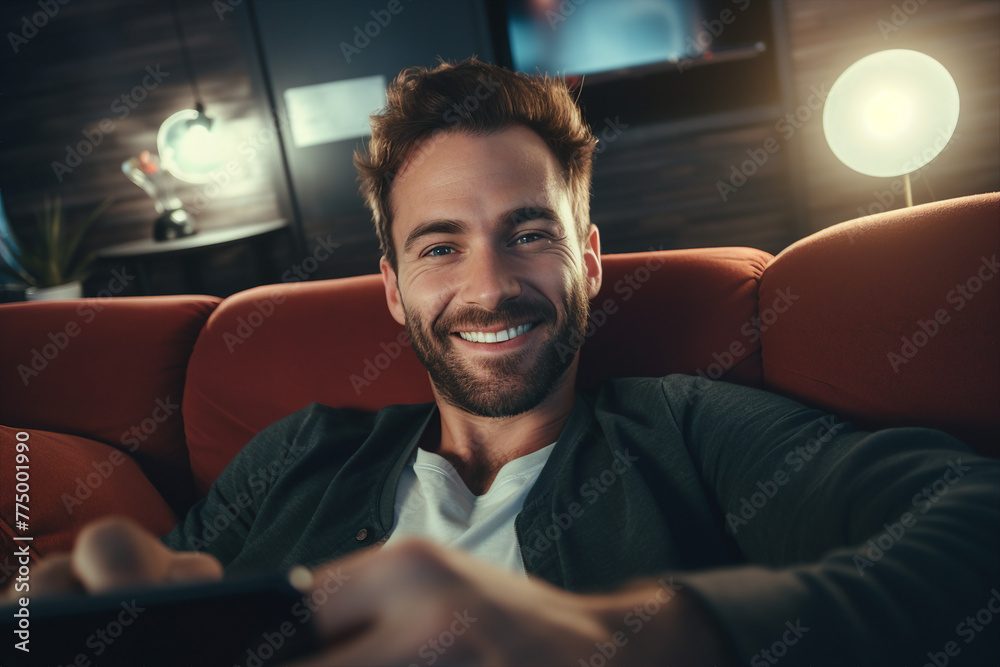 Generated with AI picture of a handsome man working from home on a laptop Generated with AI picture of a handsome man working from home on a laptop