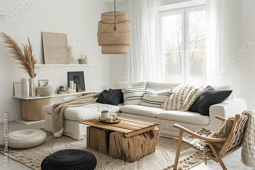 White color living room interior design in scandinavian style with sofa, furniture and home decor 