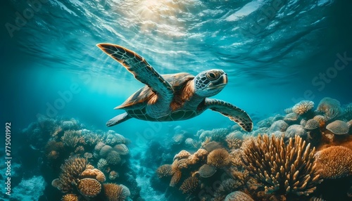 Turtle day concept of turtle swimming with coral and fish Vibrant underwater seascape  © NanzXy