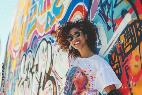 Hipster Girl Posing by Artistic Graffiti Wall photo