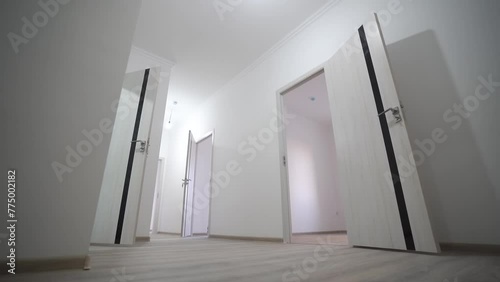 White room slow motion. walking, white doors. Empty, new