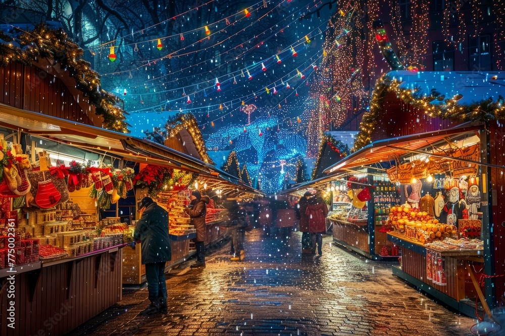 Festive Christmas Market Ambience with Sparkling Lights