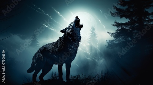 Wolf howling at full moon in eerie fog Halloween horror theme silhouette concept © MOUISITON