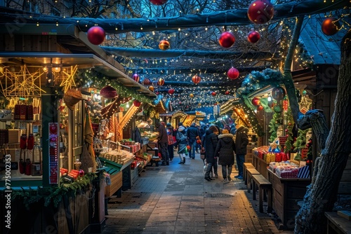 Twinkling Christmas Market Scene with Holiday Shoppers