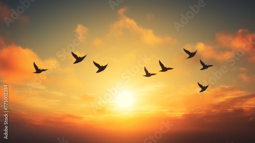Birds in the sky flying in formation silhouette concept