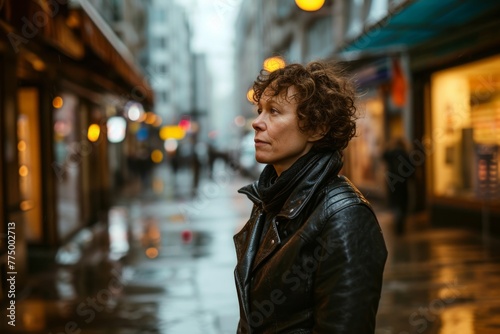 young beautiful hipster woman with curly hair in black leather jacket posing in the city streets
