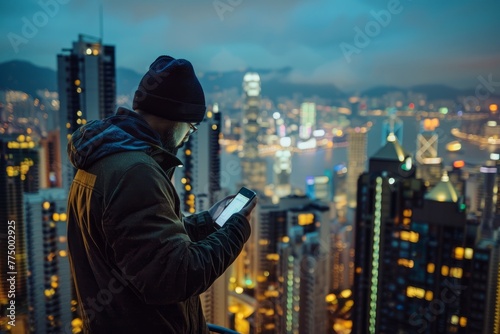 Tech-Savvy Female Browsing Phone, Urban Skyline Behind