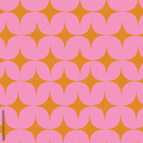 Mid Century Atomic Pink starbursts seamless pattern on orange background. For home décor, wallpaper and textile