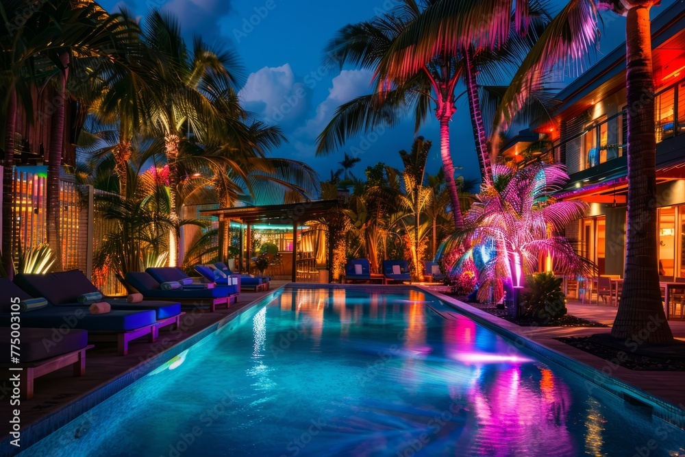 Tropical Resort Poolside Illuminated by Neon Lights at Night